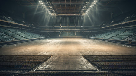 Empty sport arena with seats and floodlights. Perspective view of empty stadiumの素材