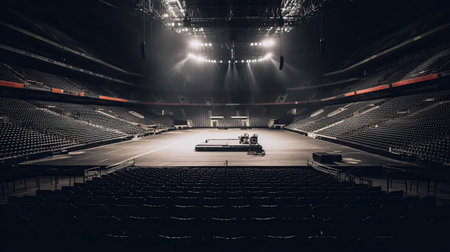 Empty seats in modern sport arena with lights and spotlights at nightの素材