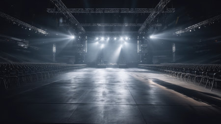Empty stage with spotlights, smoke and spotlights in a dark roomの素材