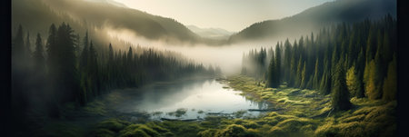 Foggy sunrise over the lake in the mountains. Panoramaの素材