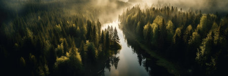 Aerial view of the river in the forest at sunrise. Beautiful landscape.の素材