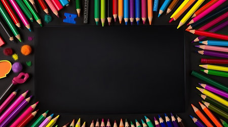 School supplies on blackboard background. Back to school concept. Top view.の素材