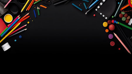 School supplies on black background. Back to school concept. Top viewの素材