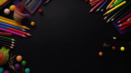 School supplies on black background. Back to school concept. Copy space.の素材