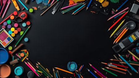 Top view of school supplies on blackboard background. Back to school conceptの素材