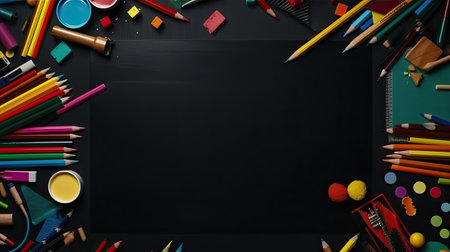 School supplies on blackboard background. Back to school concept. Top viewの素材