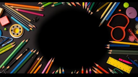 School supplies on a blackboard background. Back to school concept.の素材