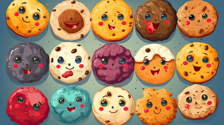 Cute cartoon cookies with different emotions and facial expressions.の素材