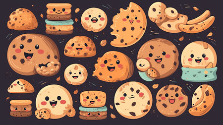 Set of cute cartoon cookies. Isolated on black background.の素材
