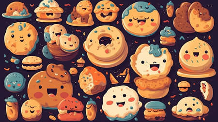 Cartoon of sweet food. Cookie, biscuit, cookie, donut, cookie.の素材
