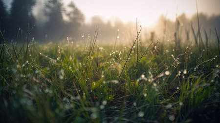 Morning dew on the grass in the forest. Nature background.の素材