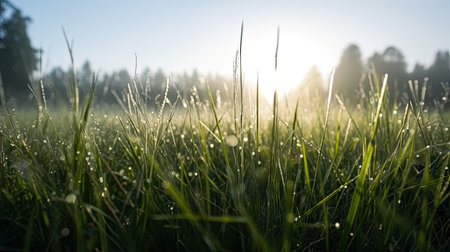 Morning dew on the grass in the meadow at sunrise.の素材