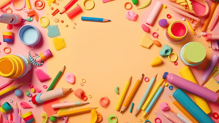 Frame made of different school supplies on color background, top view. Space for textの素材
