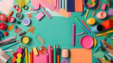 Top view of school supplies on green background. Back to school conceptの素材