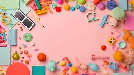 Top view of colorful children's toys on pink background with copy spaceの素材