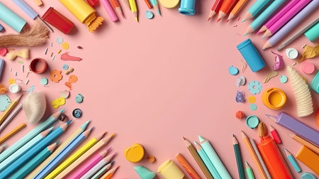 School supplies on pink background with copy space. Back to school concept.の素材