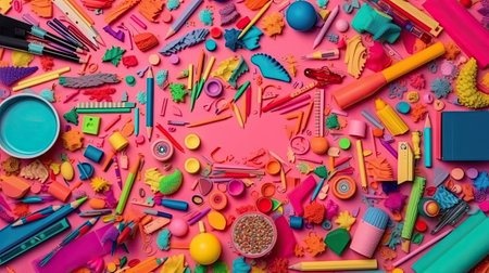 School supplies on pink background. Back to school concept. Top view.の素材
