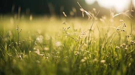 summer meadow at sunset, shallow depth of field with grass and flowersの素材