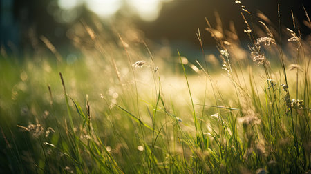 Grass with dew on a meadow at sunset. Nature backgroundの素材