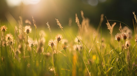 Grass flower in sunset light with shallow depth of field and bokehの素材