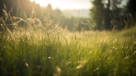 Sunset in the meadow with dew drops and grass.の素材