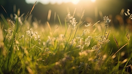 Grass in the field at sunset. Nature background. Selective focus.の素材