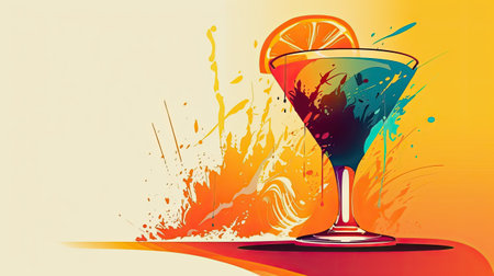Cocktail with splashes and slice of orange on colorful backgroundの素材