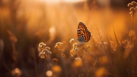 Beautiful butterfly sitting on a flower in the field at sunset.の素材
