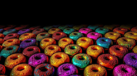 Colorful donuts in a row on black background.の素材