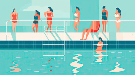 Swimming pool with young women. flat style.の素材