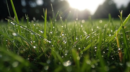Morning dew on the green grass, shallow depth of field.の素材