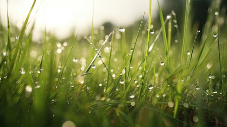 Fresh green grass with dew drops close up. Nature background.の素材