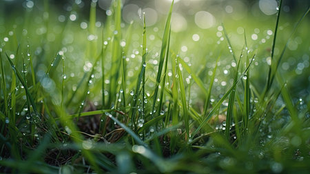 Fresh green grass with dew drops in the morning. Natural background.の素材