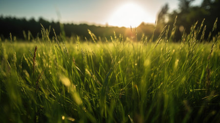 Sunset in the summer meadow. Green grass with dew drops.の素材