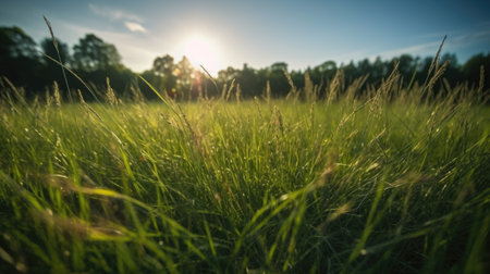 Sunset on a meadow with green grass in the foreground.の素材
