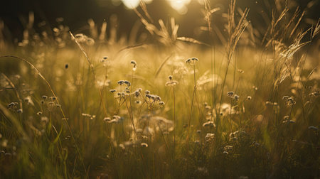Grass flower meadow at sunset. Nature background. Selective focus.の素材