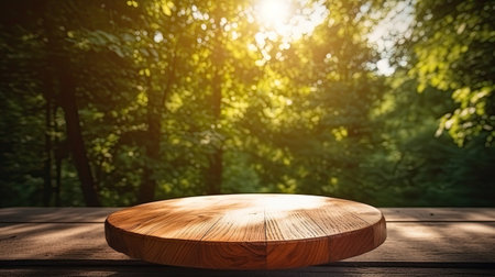Empty wood table top on blurred green forest background. For product displayの素材