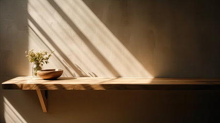 Wooden shelf with vase of flowers on it and sunlight.の素材