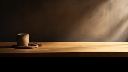 Empty wooden table and a cup of coffee on a dark background.の素材