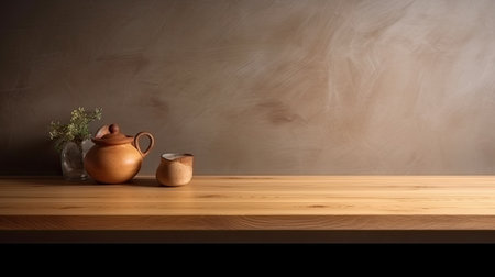 Wooden table with teapot and vase on dark backgroundの素材