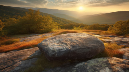 Sunset in the mountains with rocks and grass. Beautiful landscape.の素材