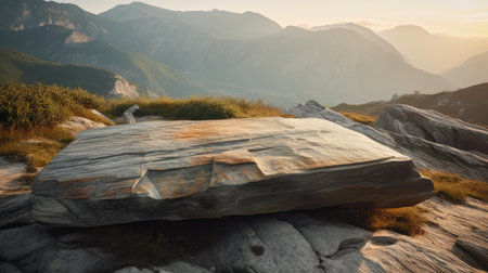 Mountain landscape with rocks and grass at sunset.の素材