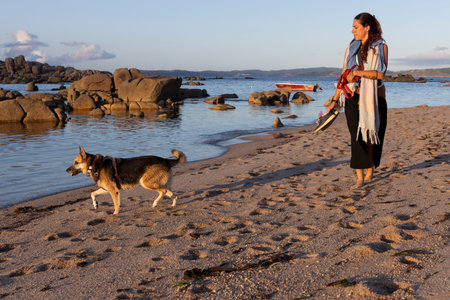 Dog and woman walking on the beach sand at orange sunset next to blue oceanの写真素材