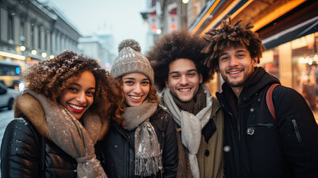 group of young friends having fun on European street in winter smilingの素材