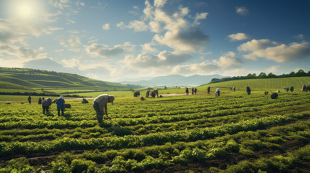 agriculture fields with farmer working at sunrise the crops on sunny dayの素材