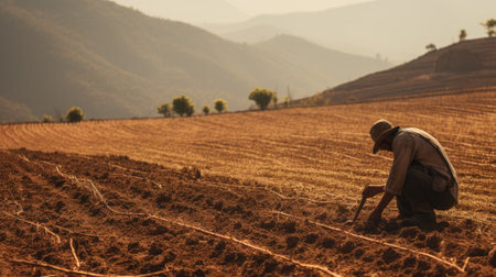 agriculture fields with farmer working at sunrise the crops on sunny dayの素材