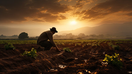 agriculture fields with farmer working at sunrise the crops on sunny dayの素材