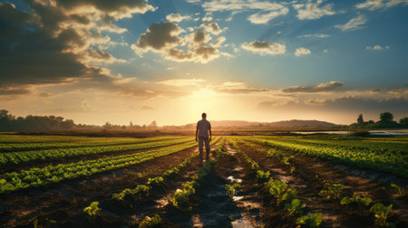 agriculture fields with farmer working at sunrise the crops on sunny dayの素材