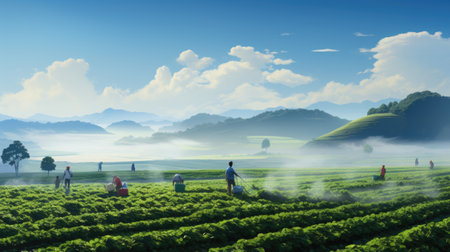 agriculture fields with farmer working at sunrise the crops on sunny dayの素材