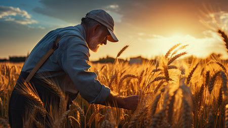 agriculture fields with farmer working at sunrise the crops on sunny dayの素材